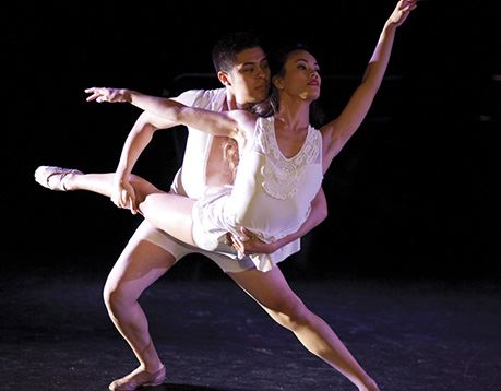 Male and female ballet dancer perform in a theater 