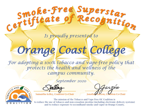 Certificate of Recognition from Smoke and Vape free Coalition with stars in background