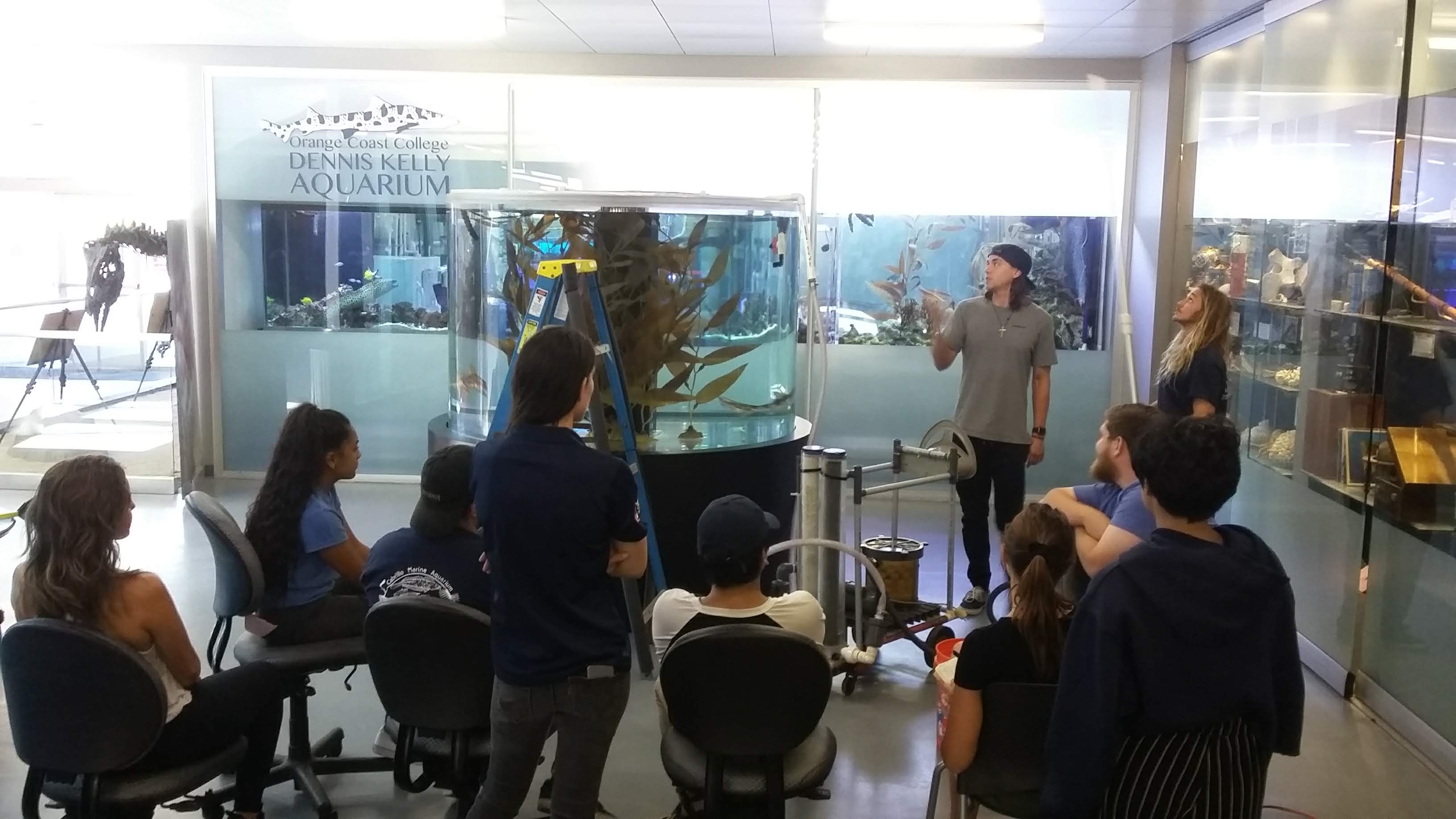 Students learning to properly maintain the shark exhibit