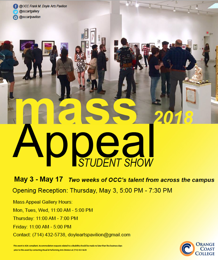 2018 Mass appeal flyer showing event information and image of people walking in the gallery