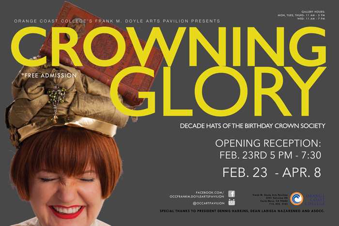 Crowing Glory flyer with woman wearing a hat with a book stuck on it.