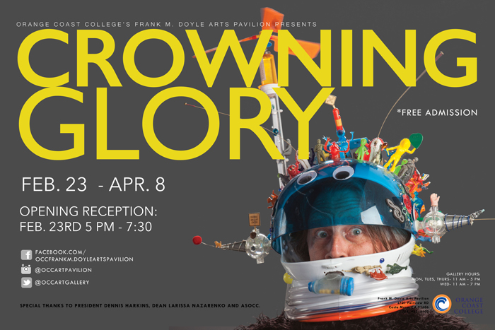 Crowning Glory flyer with a man wearing helmet with many toy figurines attached