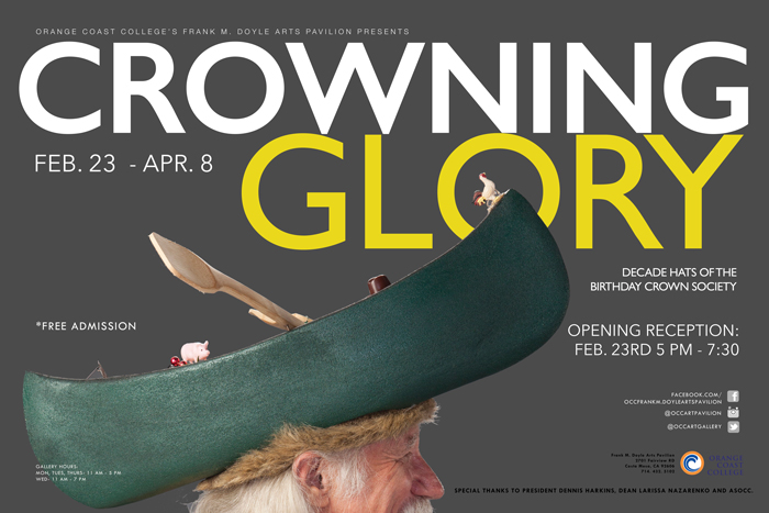 Crowning Glory flyer with a man wearing a small green canoe as a hat.