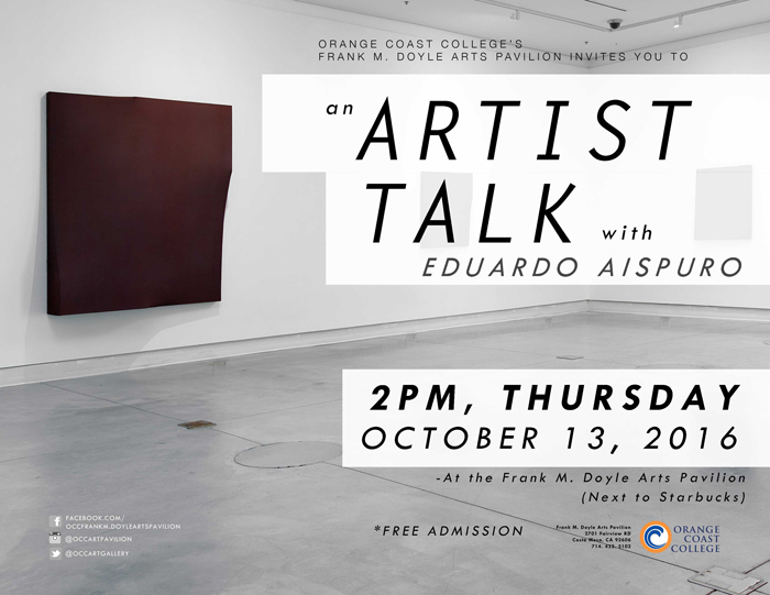 An Artist Talk with Eduardo Aispuro flyer with event information and image of the gallery