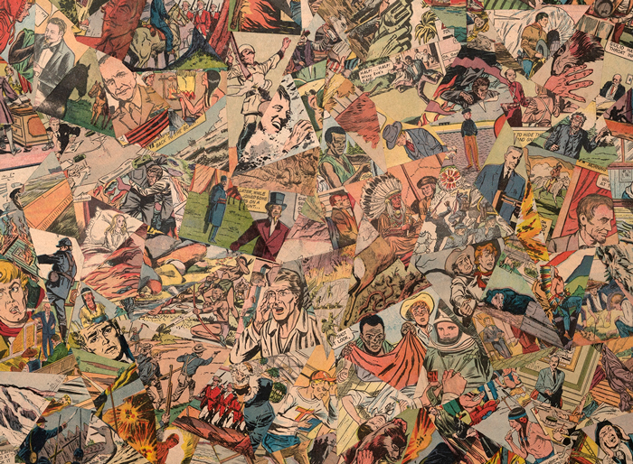 Close up view of the sail that show a collage of comic book clippings