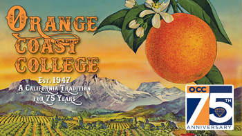mountains and farmland with hanging orange. Text: Est. 1947 an California Tradition for 75 years.