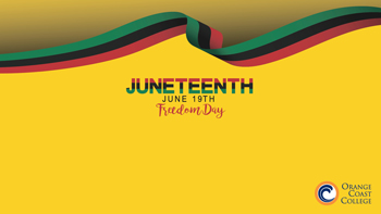 Green, red, and black ribbon on a yellow background. Text: Juneteenth - Freedom Day