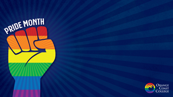 rainbow-colored fist with blue background. Text: Pride Month