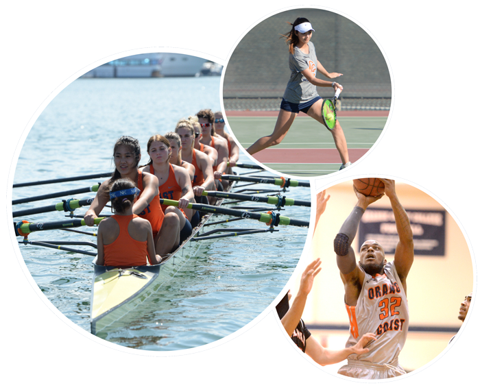 Collage of images: Tennis player, women's crew team rowing, and a basketball player making a jump shot.