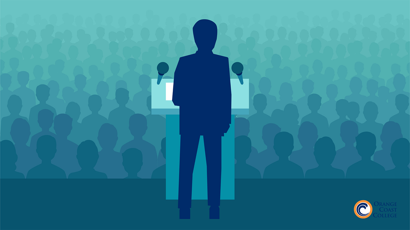 illustration of person standing at podium speaking to crowd