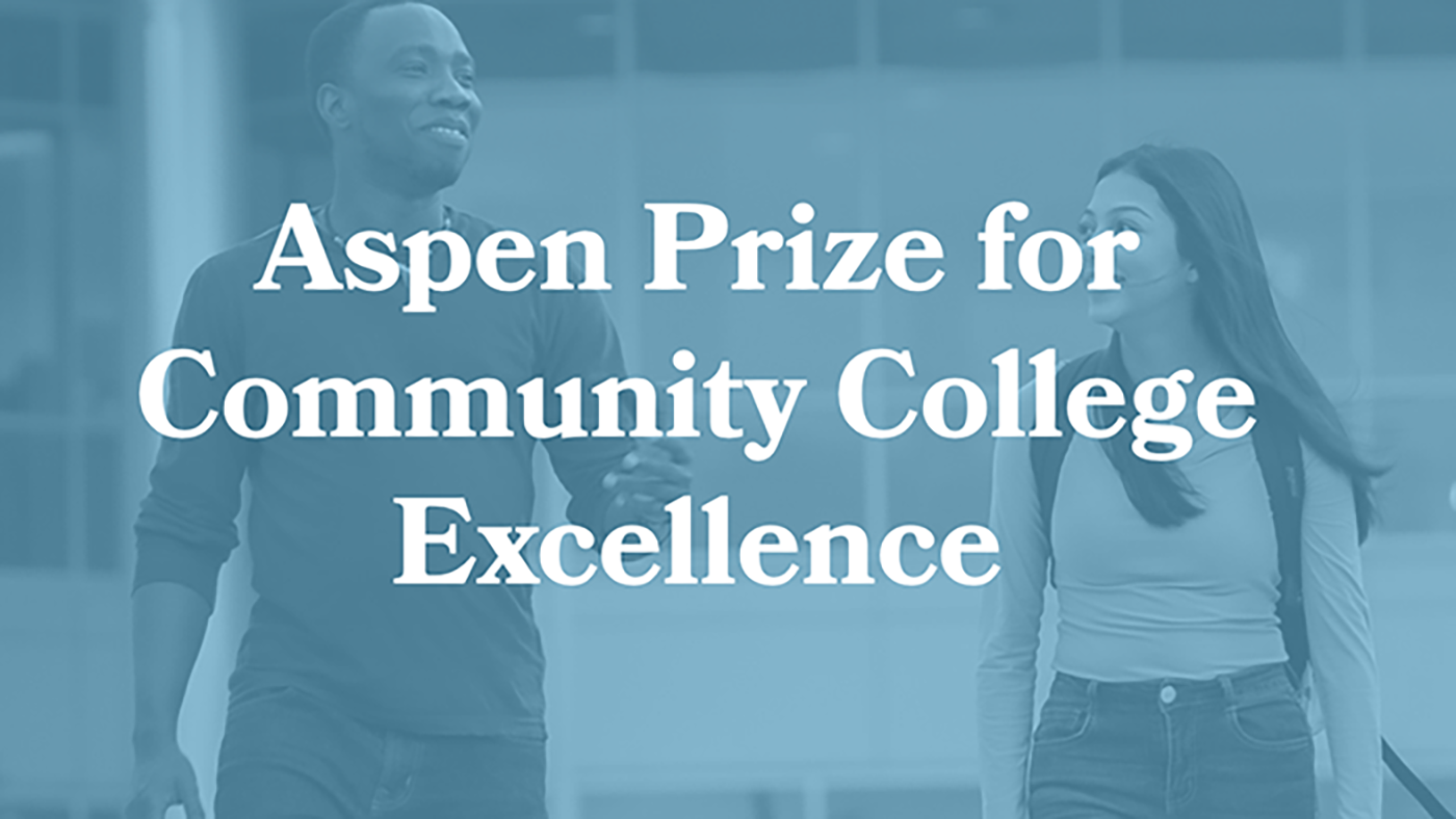 photo of male and female college students with blue tint overlay and words aspen prize for community college excellence