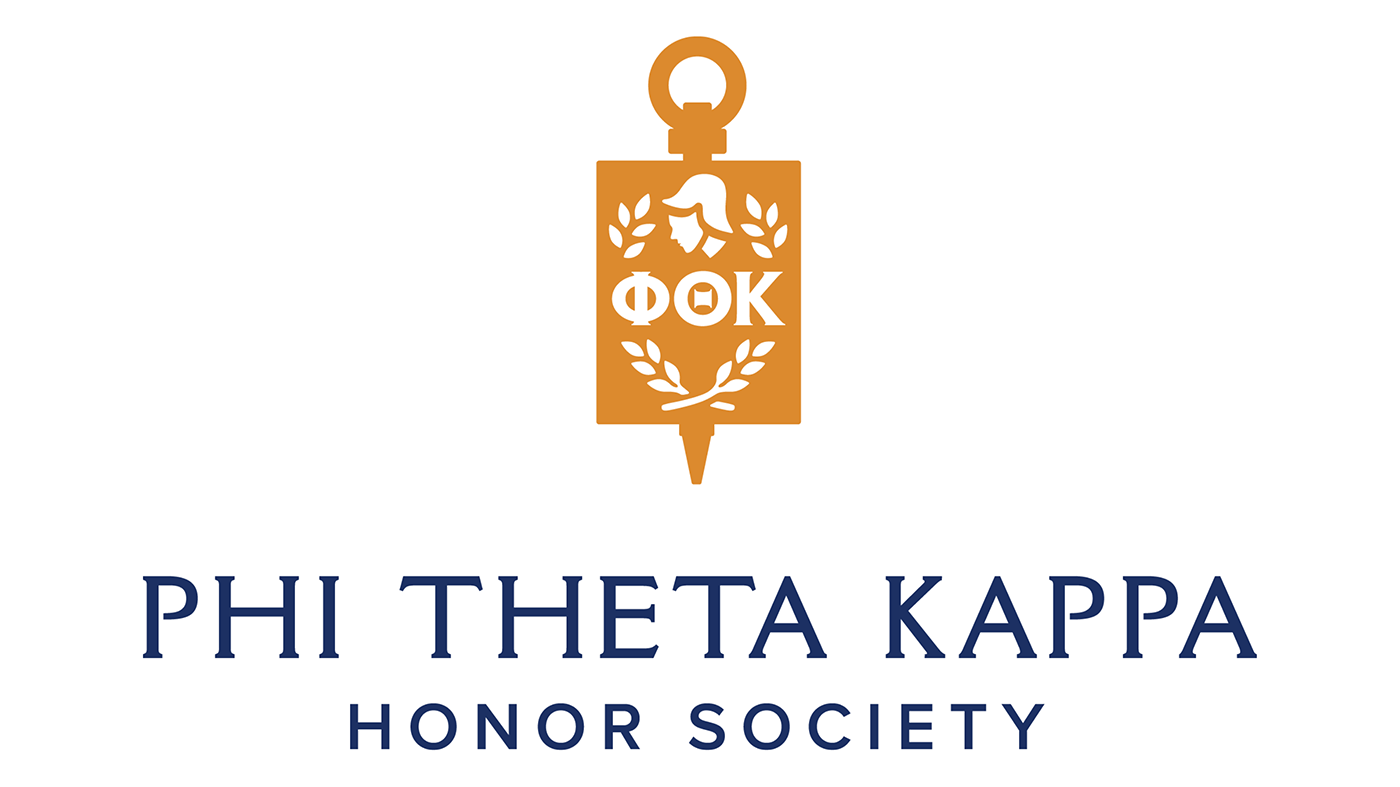 illustration of seal in orange color with words phi theta kappa honor society in dark blue color