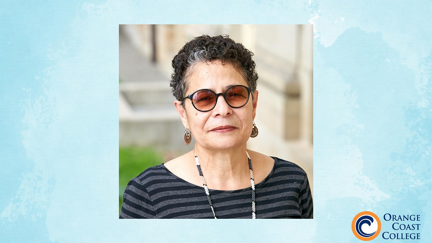 photo of helena miramontes from shoulders up wearing dark glasses and gray and black striped shirt, necklace and dangly earrings. Helena has short black curly hair with some gray. Photo is set against light blue watercolor background and background includes OCC logo