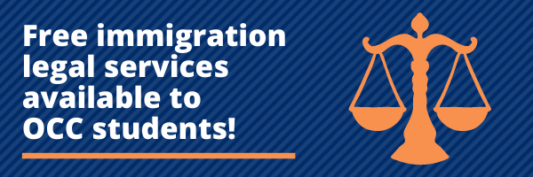Free immigration legal services available to OCC Students with graphic of legal scale