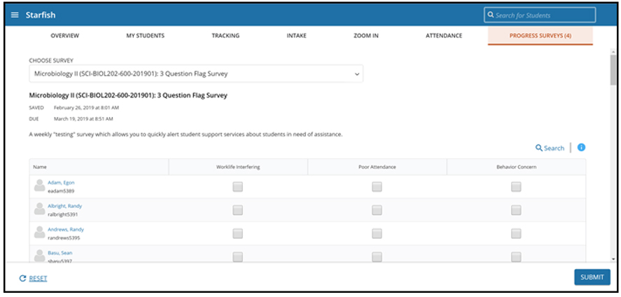 Starfish progress survey page to submit concerns and feedback to students